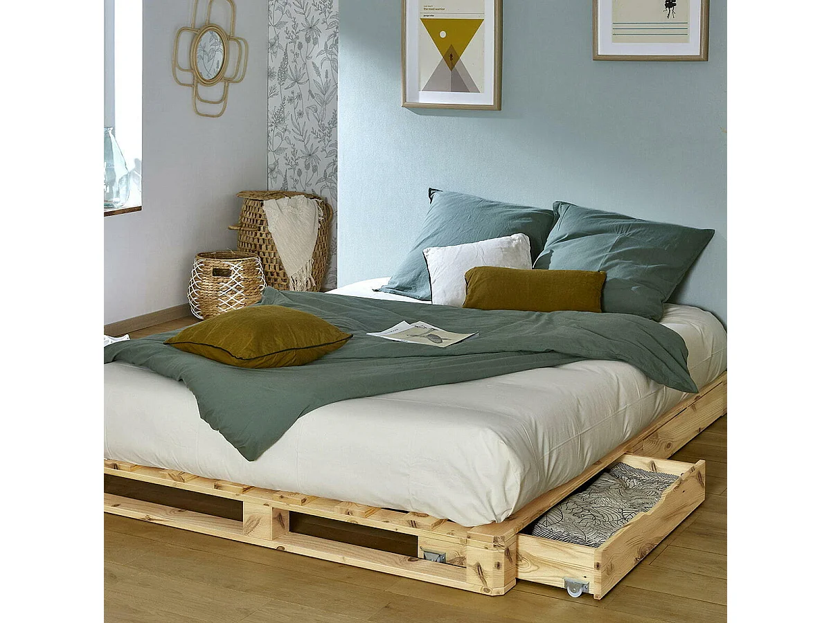 Pack lit palette avec matelas 140x200 cm bois massif bois naturel CEMBRO