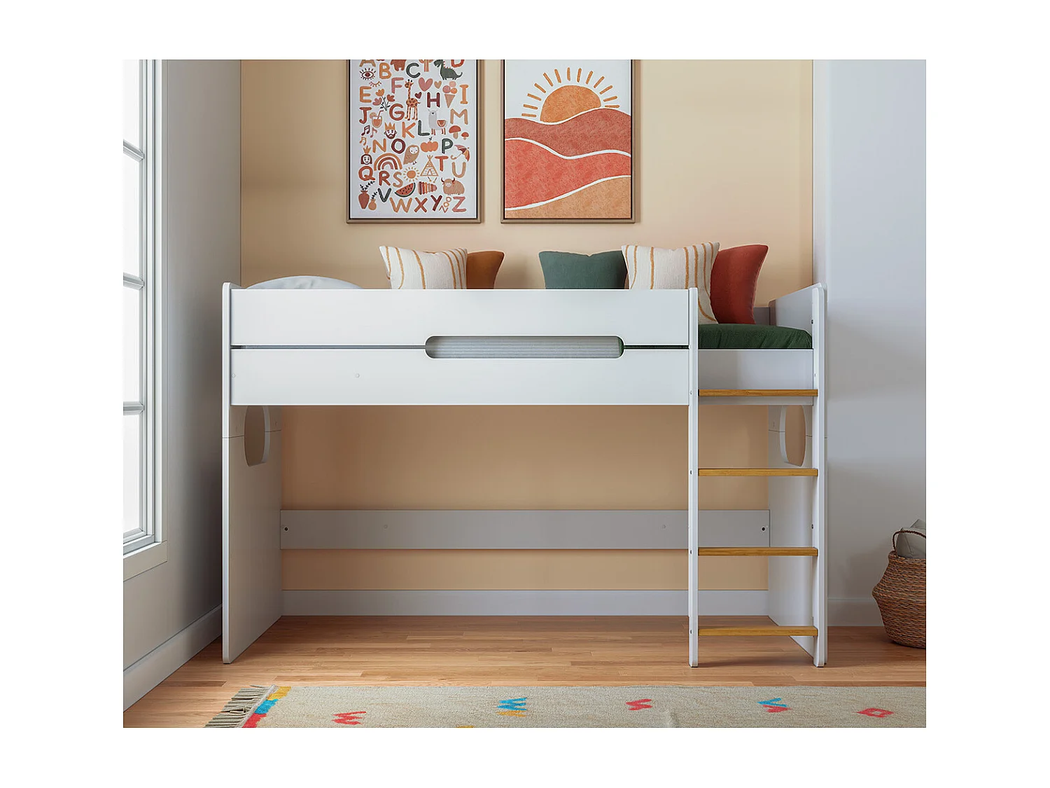 Lit mi-hauteur 90x190 cm panneaux de fibres blanc et noisette LEJI