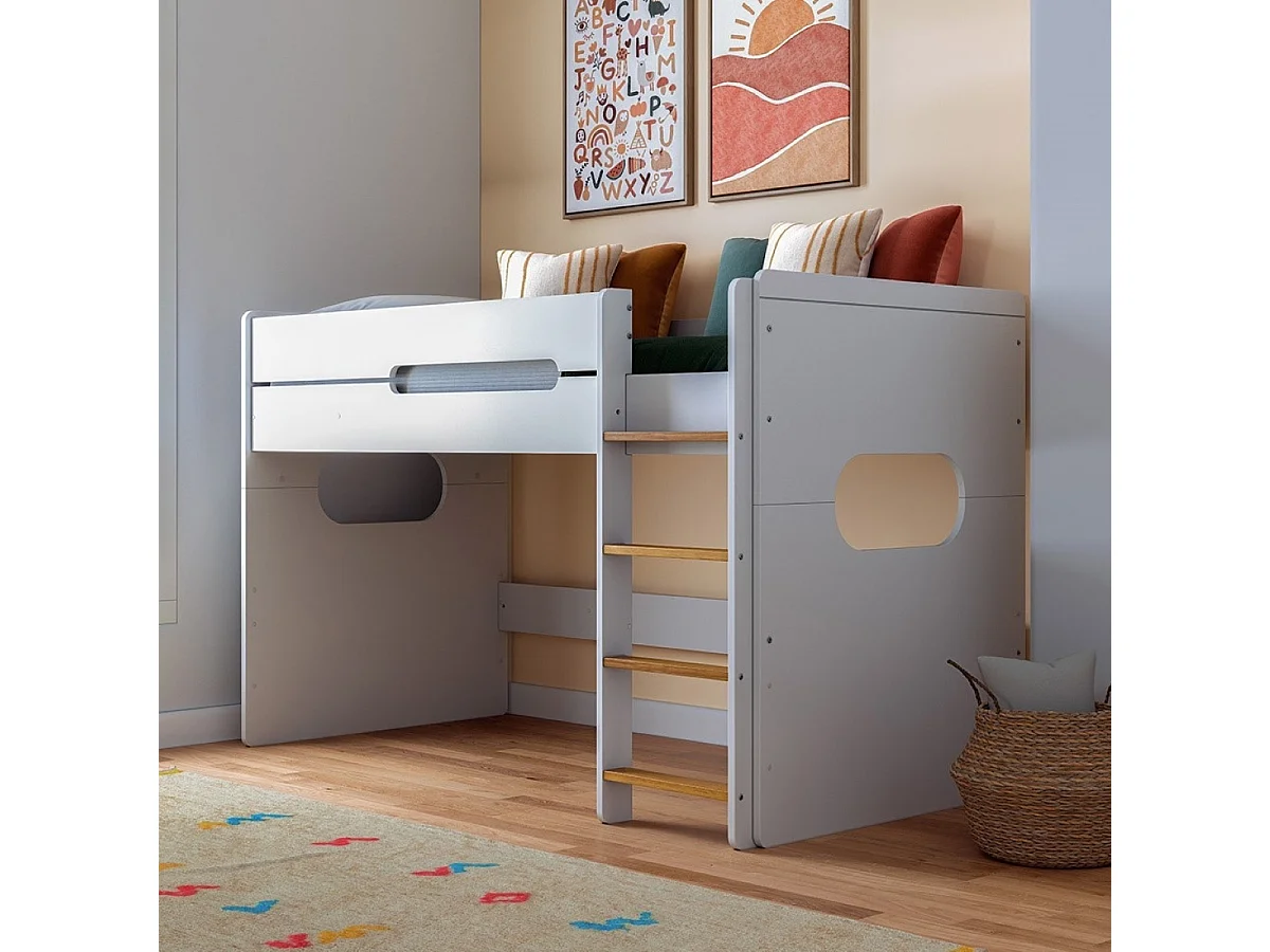 Lit mi-hauteur 90x190 cm panneaux de fibres blanc et noisette LEJI