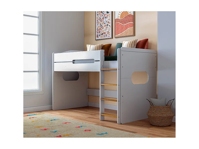 Lit mi-hauteur 90x190 cm panneaux de fibres blanc et noisette LEJI