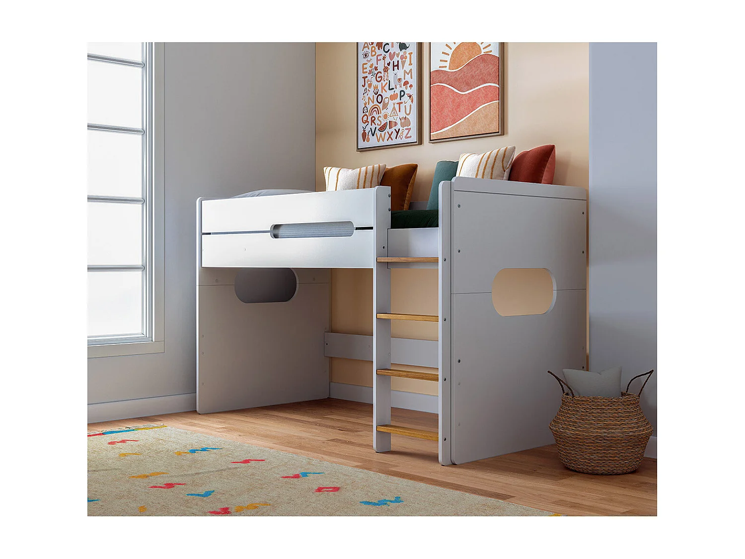 Pack lit mi-hauteur avec le matelas 90x190 cm panneaux de fibres blanc et noisette LEJI