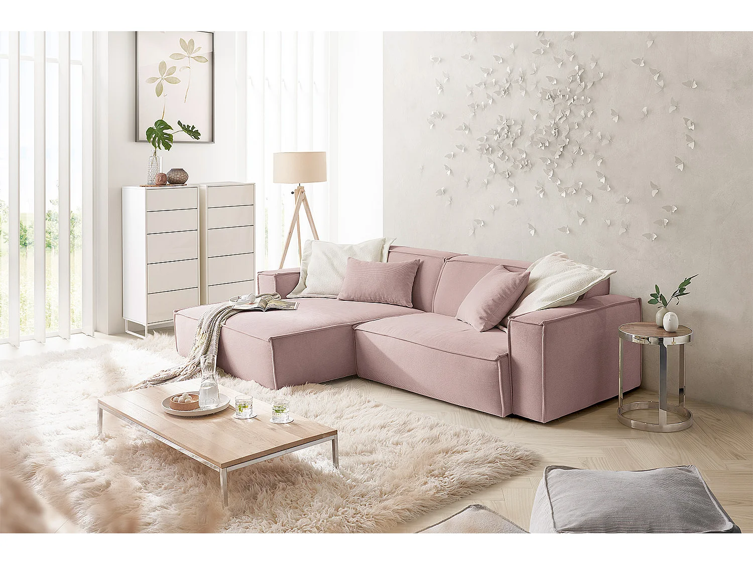 Divano angolare - Rosa Velluto a coste - SAMU