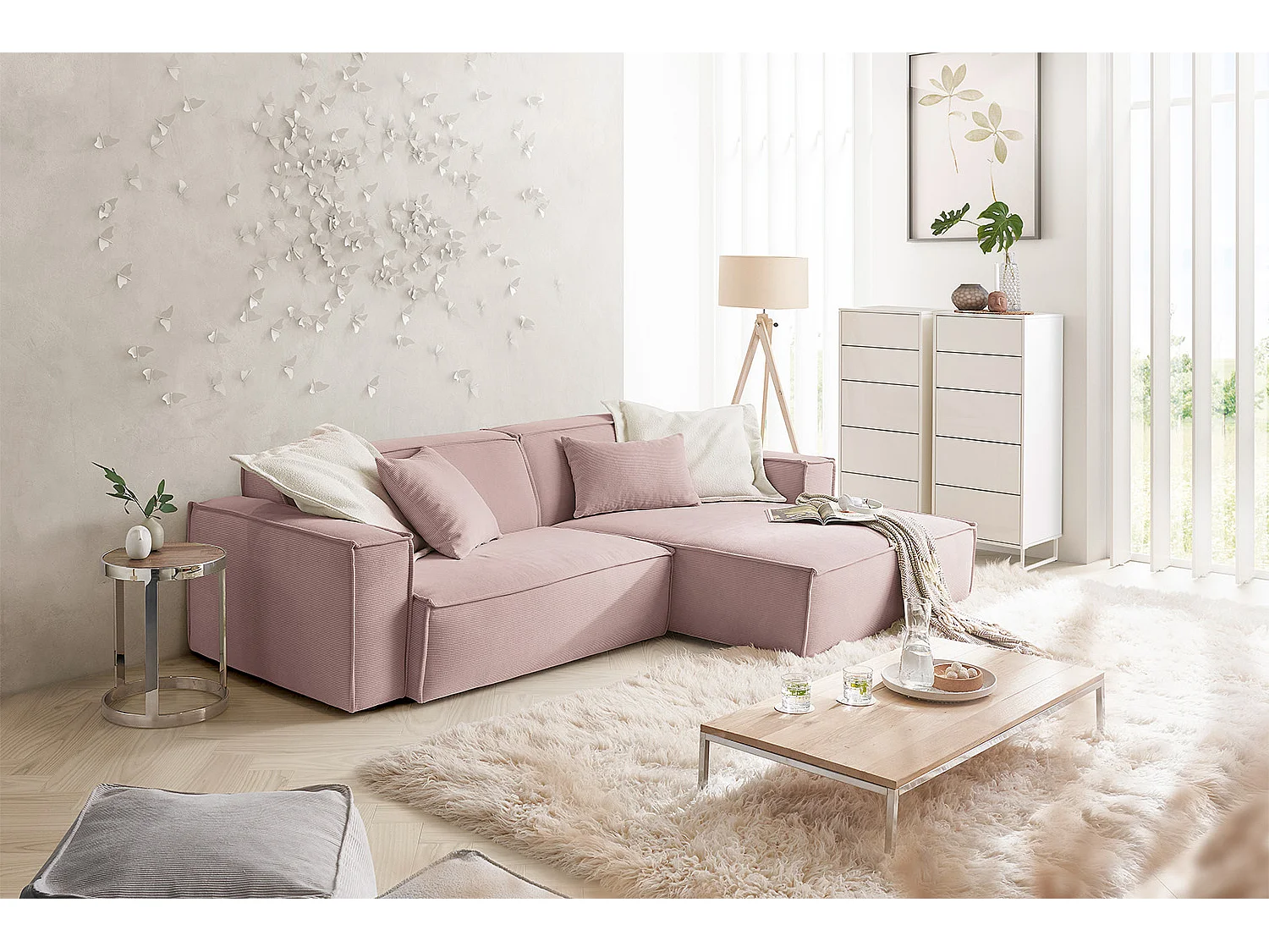 Divano angolare - Rosa Velluto a coste - SAMU