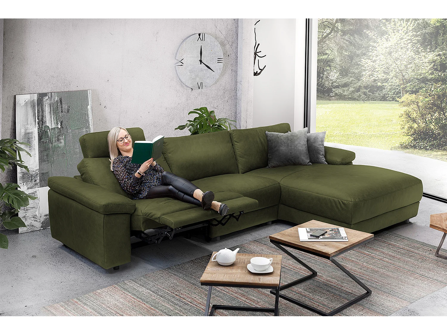 Ecksofa - Dunkelgrün Webstoff - LOLA