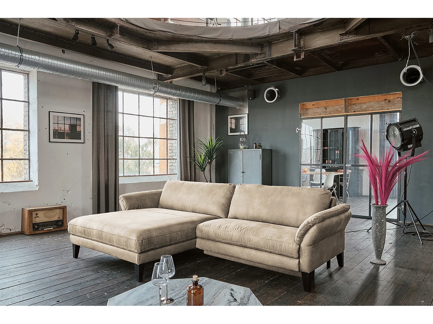 Ecksofa - Beige Webstoff - MALTA