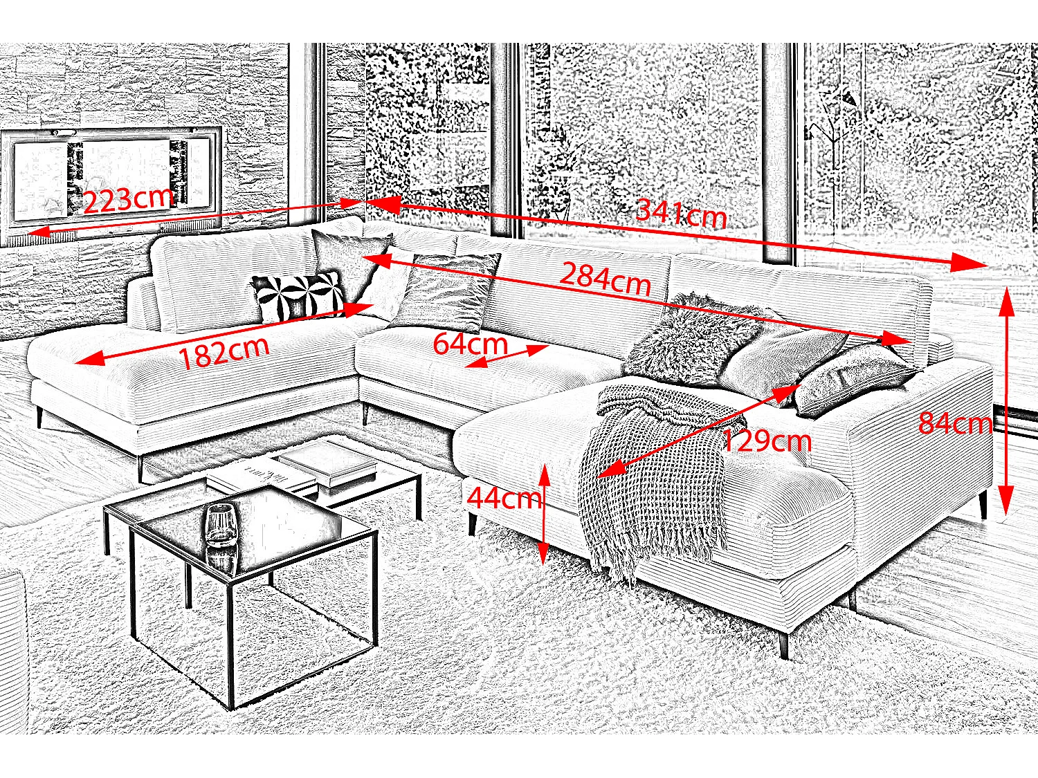 Wohnlandschaft - Steingrau Cord - CARA
