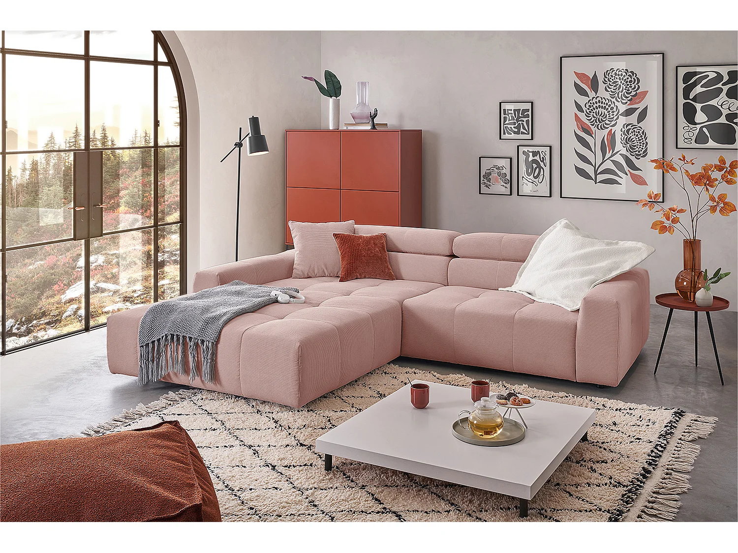 Divano angolare - Rosa Velluto a coste - RENO
