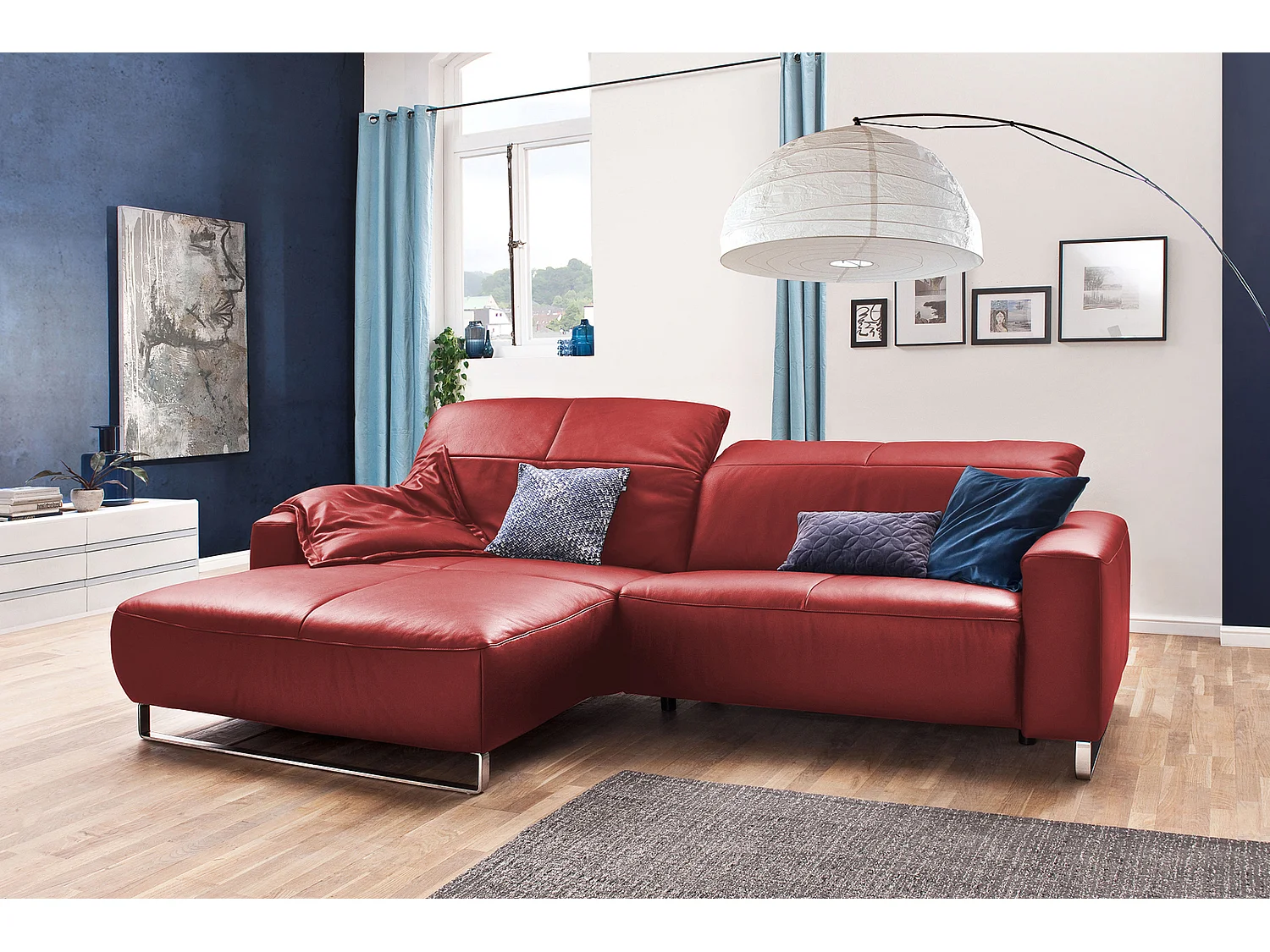 Ecksofa - Hochglanz Rot Leder - YORK