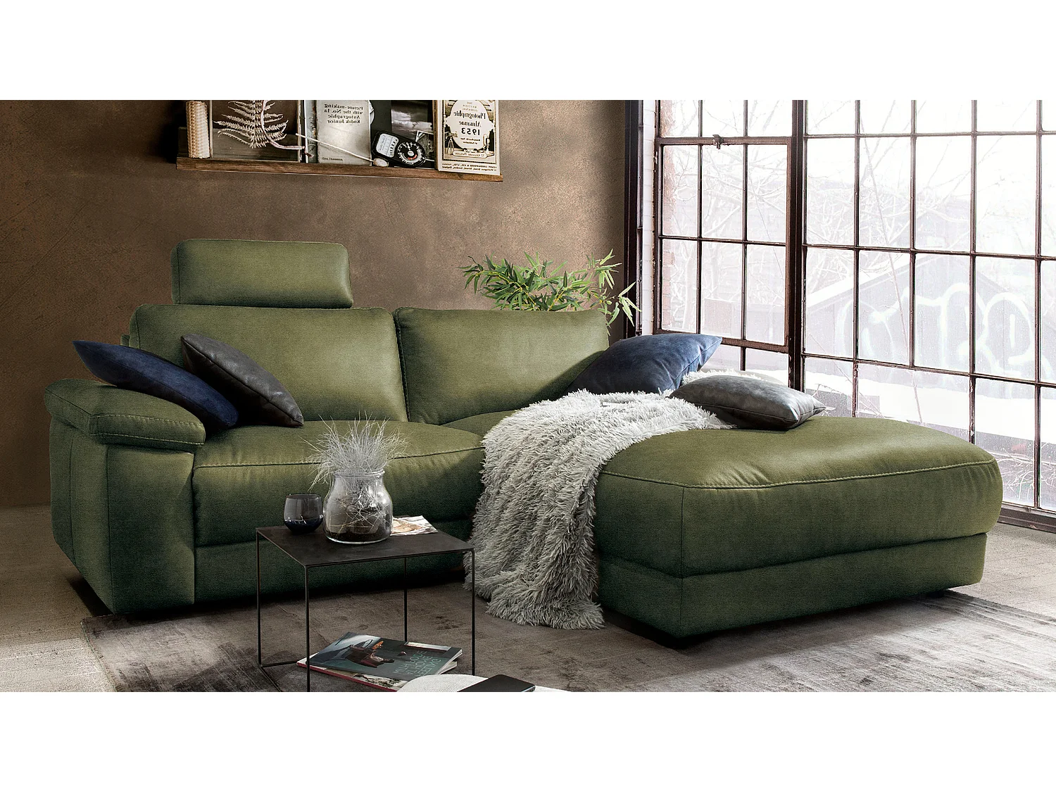 Divano angolare - verde scuro tessuto intrecciato - LOLA
