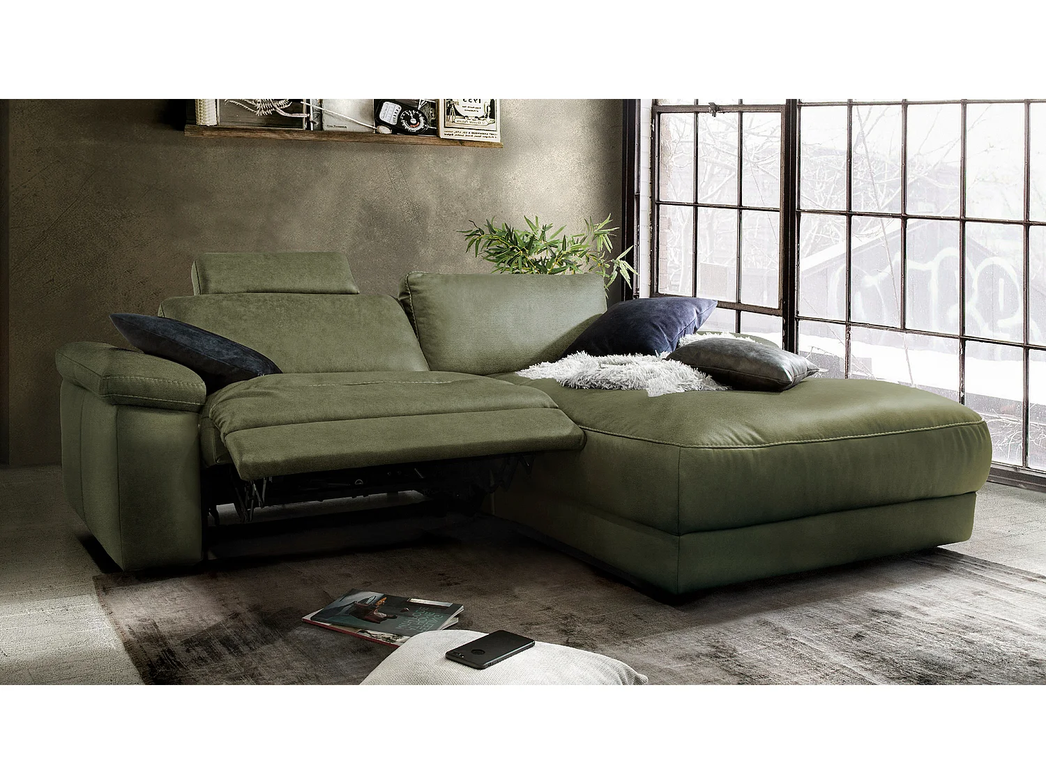 Divano angolare - verde scuro tessuto intrecciato - LOLA