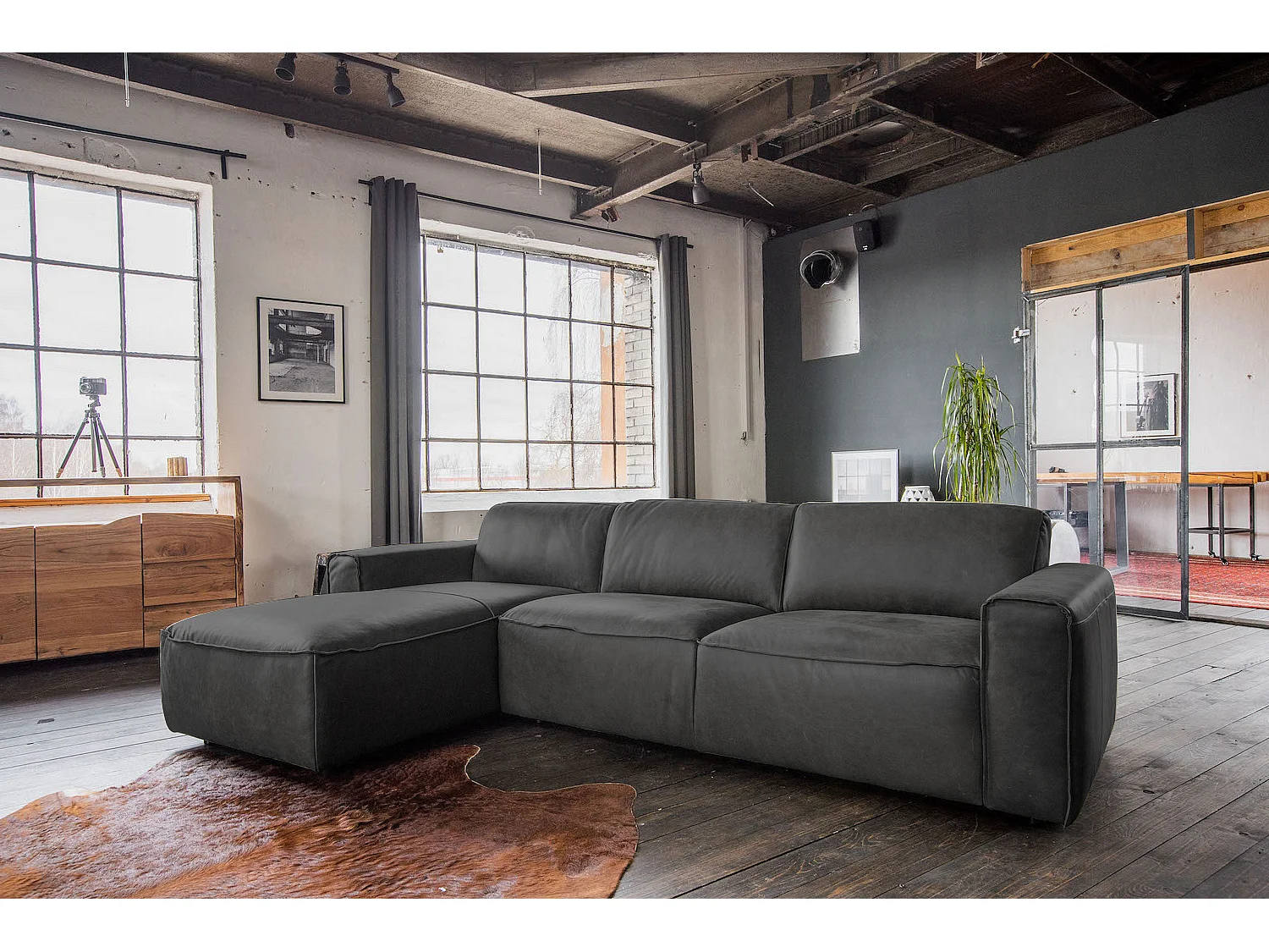 Canapé d'angle - Gris cuir - EXTRA