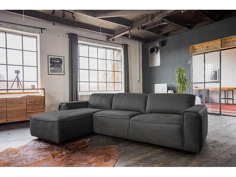 Ecksofa - Grau Leder - EXTRA