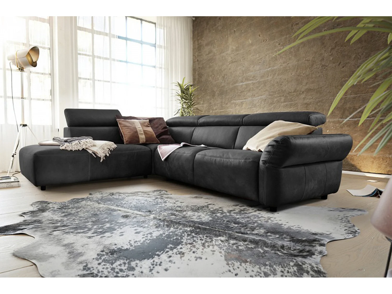 Ecksofa - Schwarz Leder - RISO