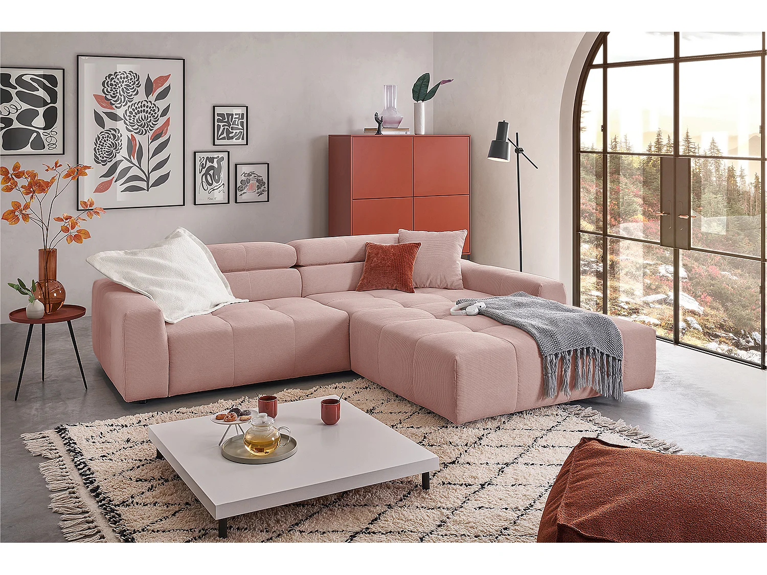 Divano angolare - Rosa Velluto a coste - RENO