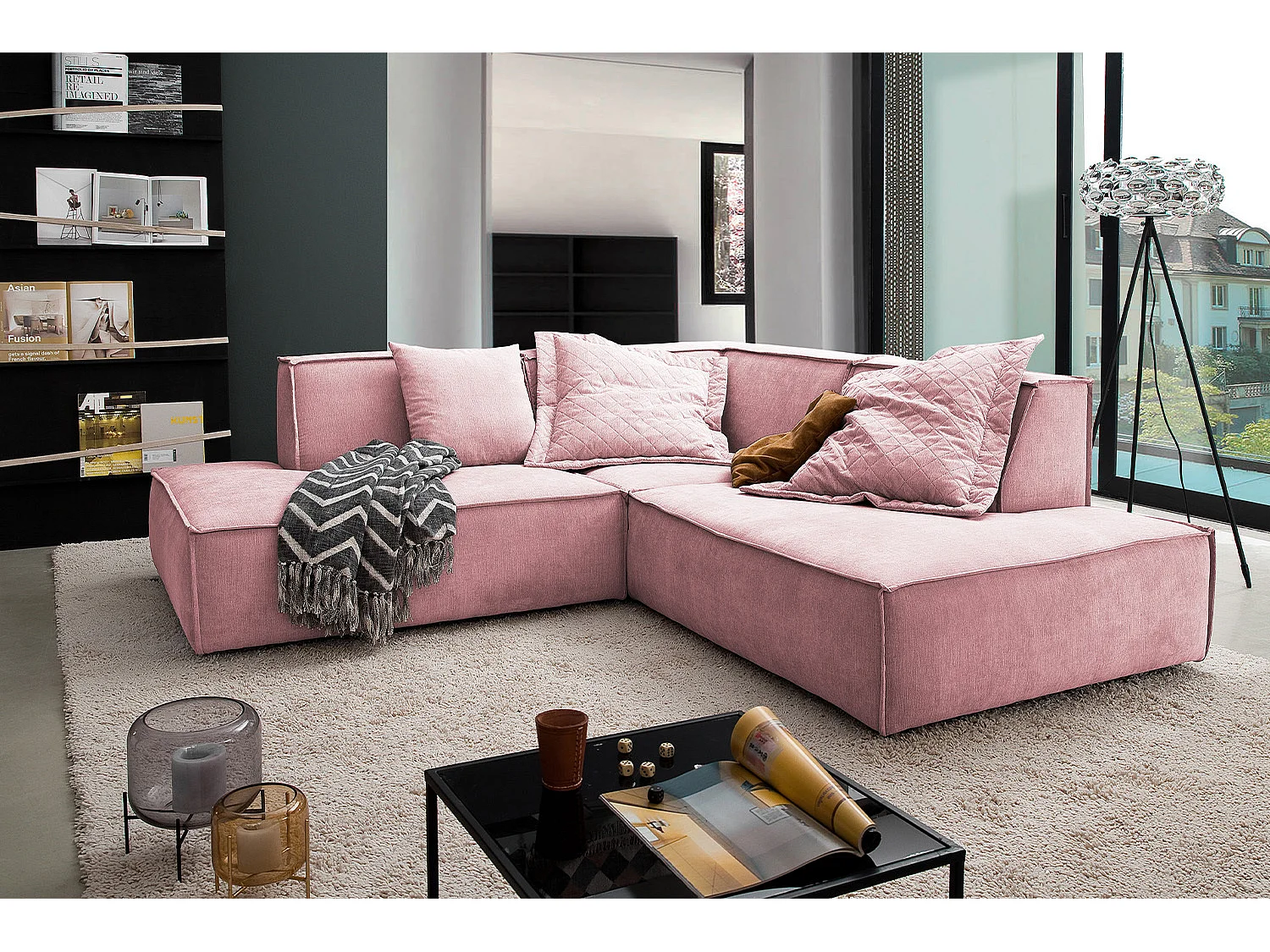Divano angolare - Rosa tessuto intrecciato - SAMU