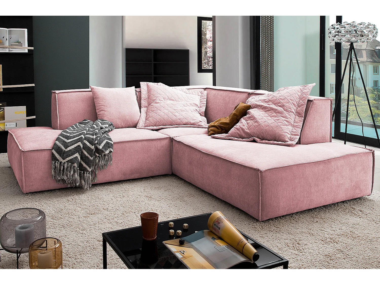 Divano angolare - Rosa tessuto intrecciato - SAMU