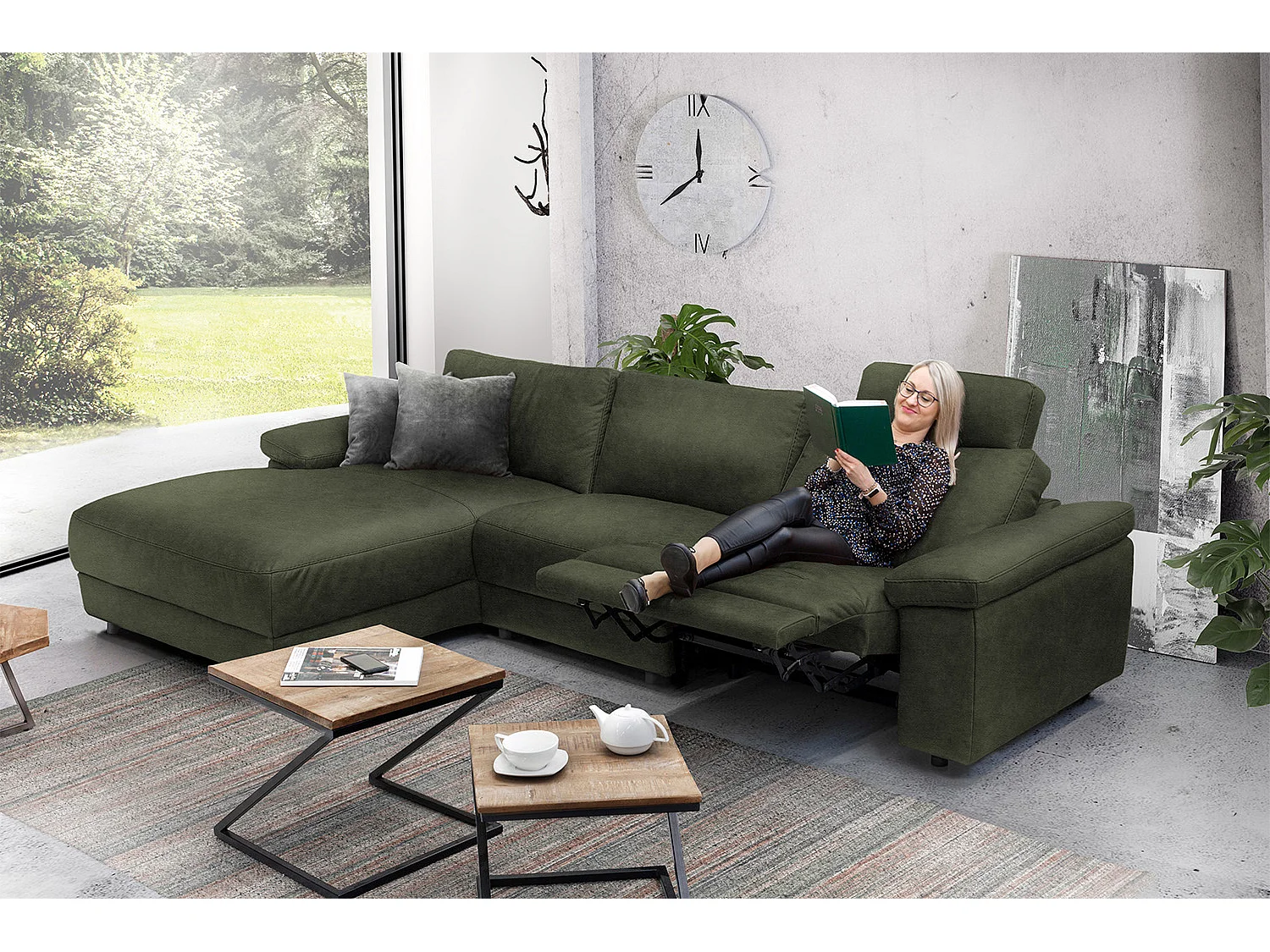 Ecksofa - Dunkelgrün Leder - LOLA