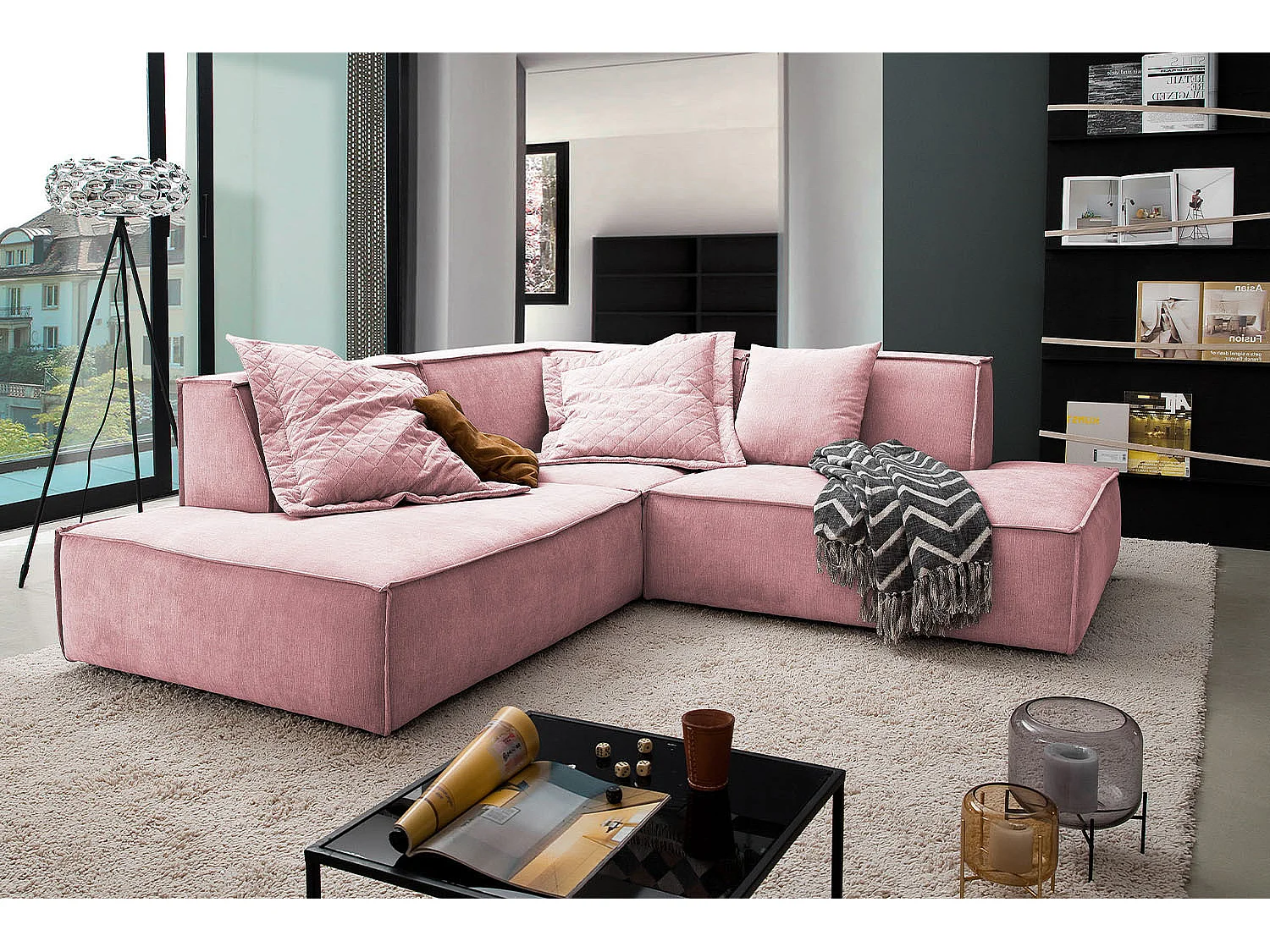 Divano angolare - Rosa tessuto intrecciato - SAMU