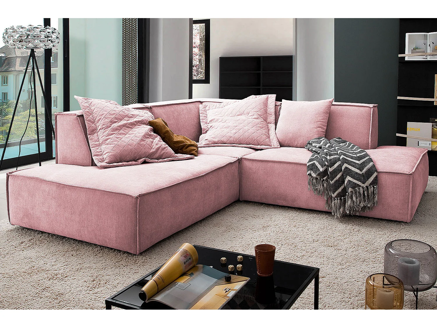 Divano angolare - Rosa tessuto intrecciato - SAMU