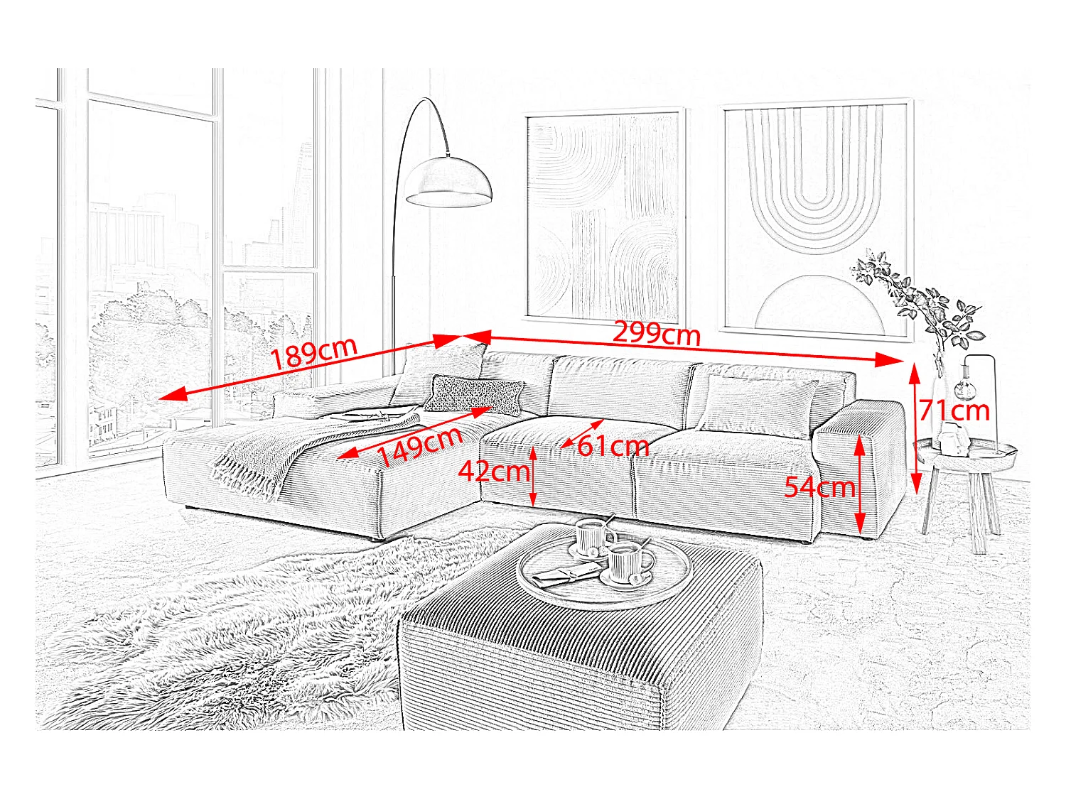 Ecksofa - Steingrau Cord - RANI