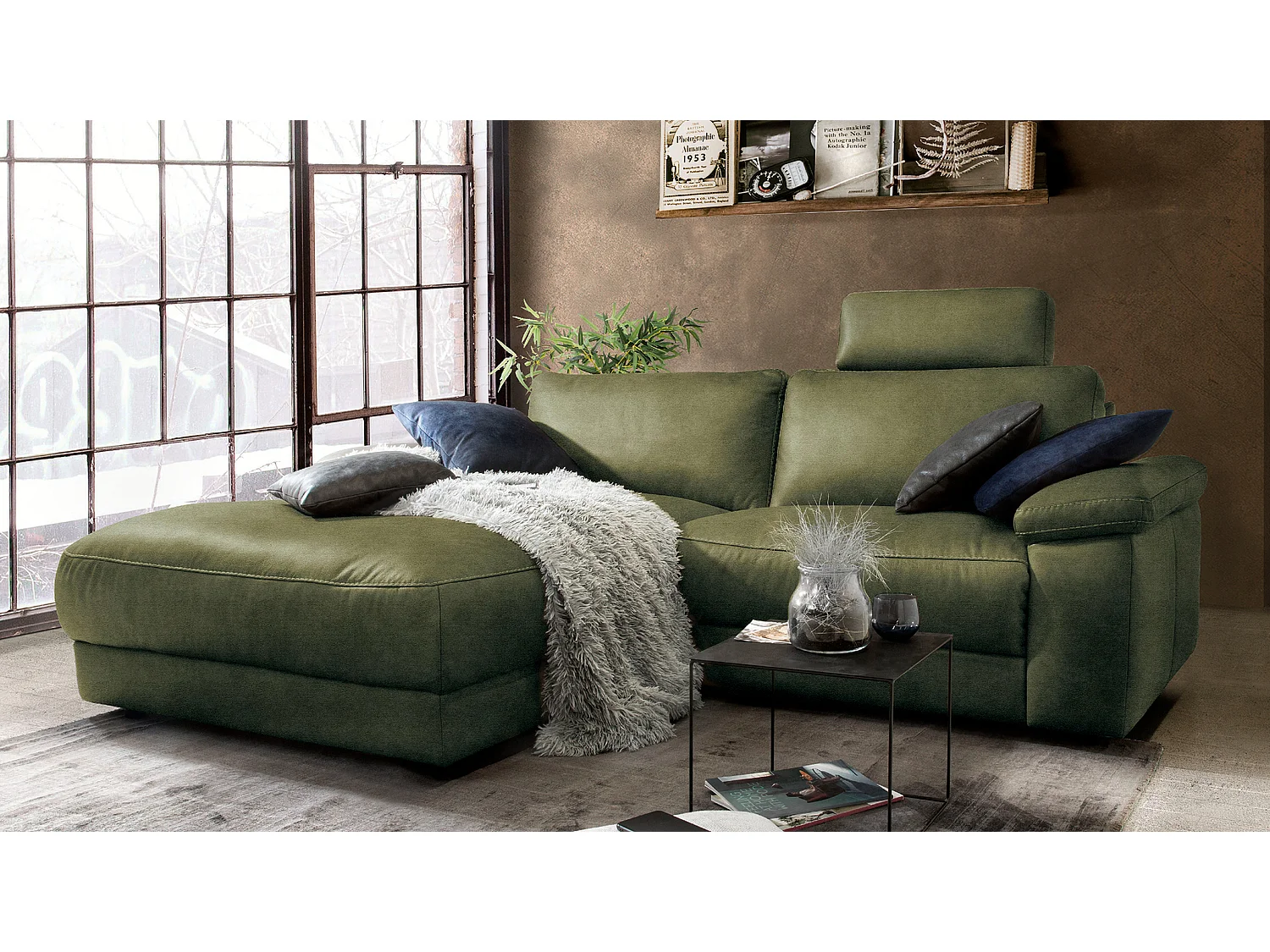 Divano angolare - verde scuro tessuto intrecciato - LOLA