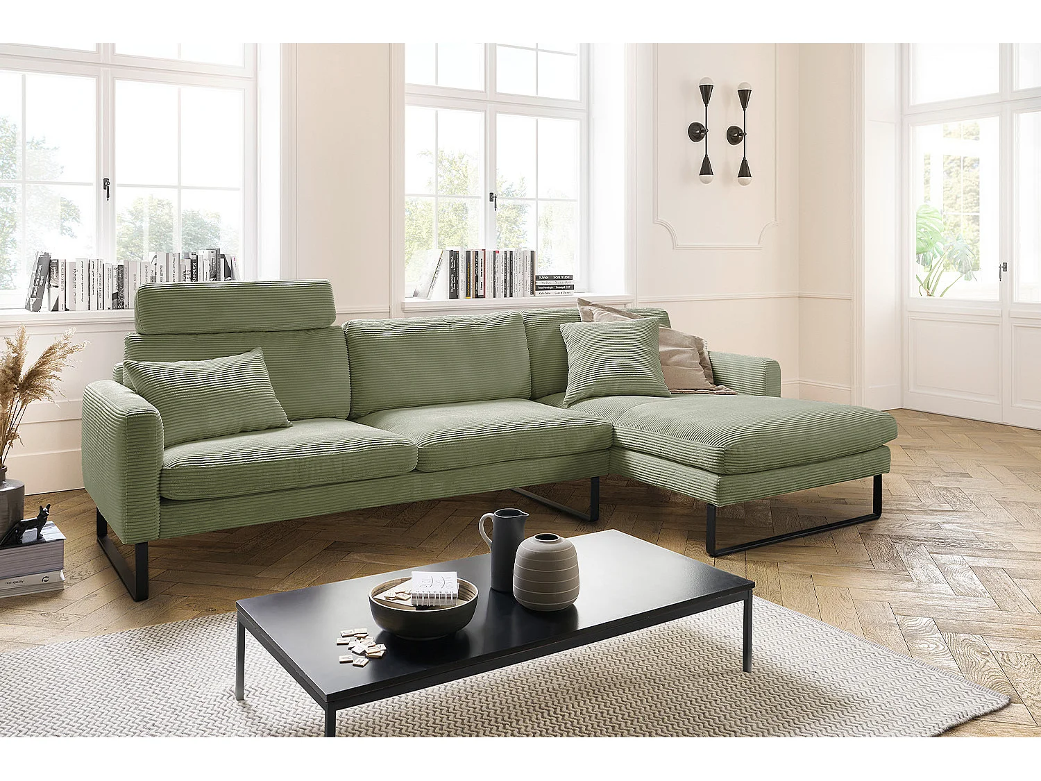Ecksofa - Dunkelgrün Cord - RICARDA