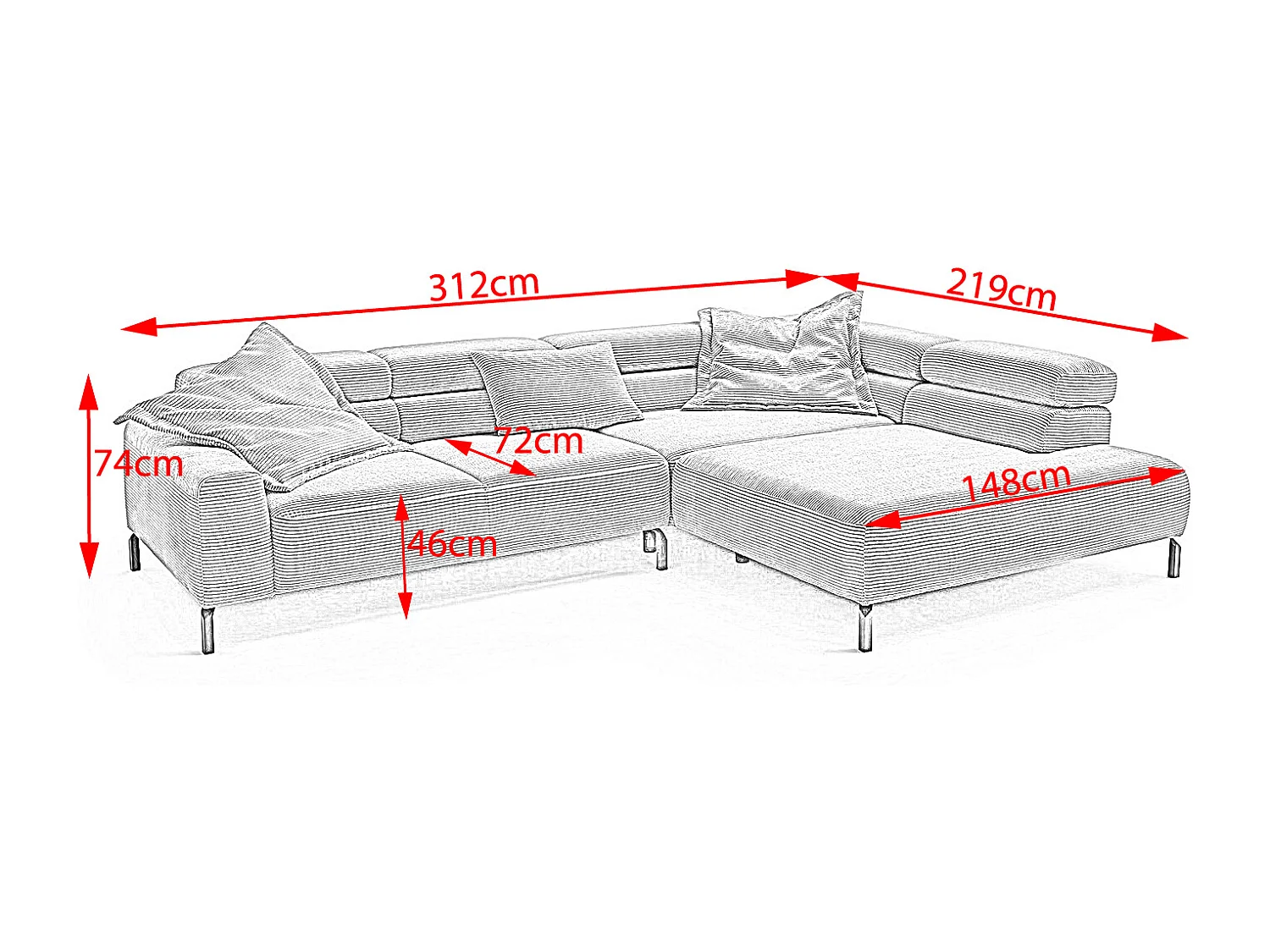 Ecksofa - Hellgrau Cord - DELIA