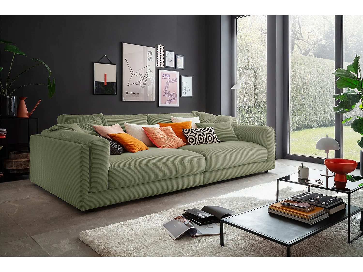 Canapé 3 places en velours côtelé vert longueur 254 cm RAINA