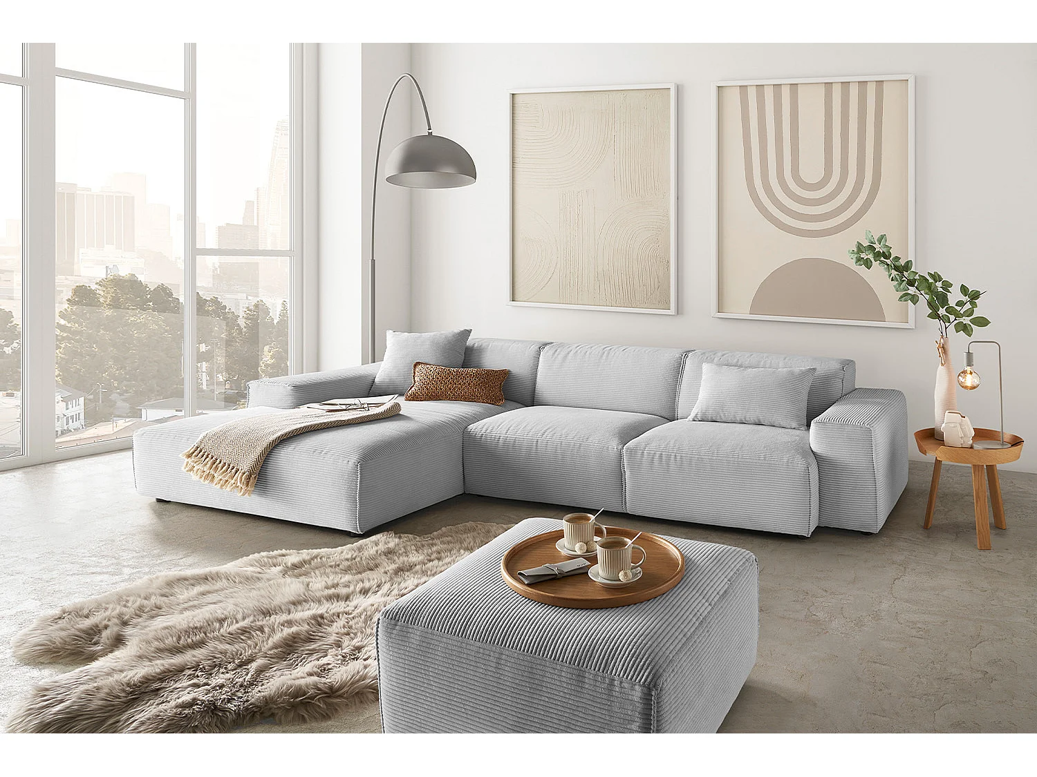 Ecksofa - Hellgrau Cord - RANI