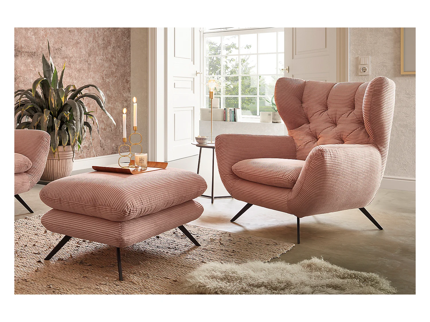 Fauteuil - Rose Velours côtelé - CHARME
