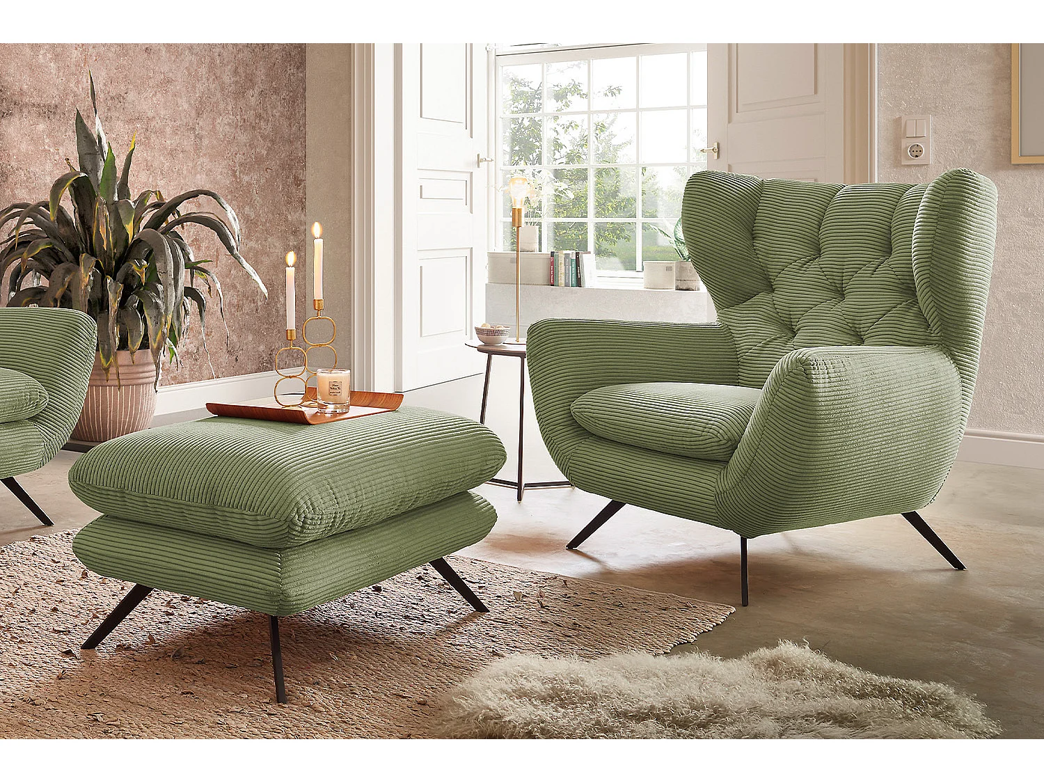 Fauteuil à oreilles - Vert Velours côtelé - CHARME