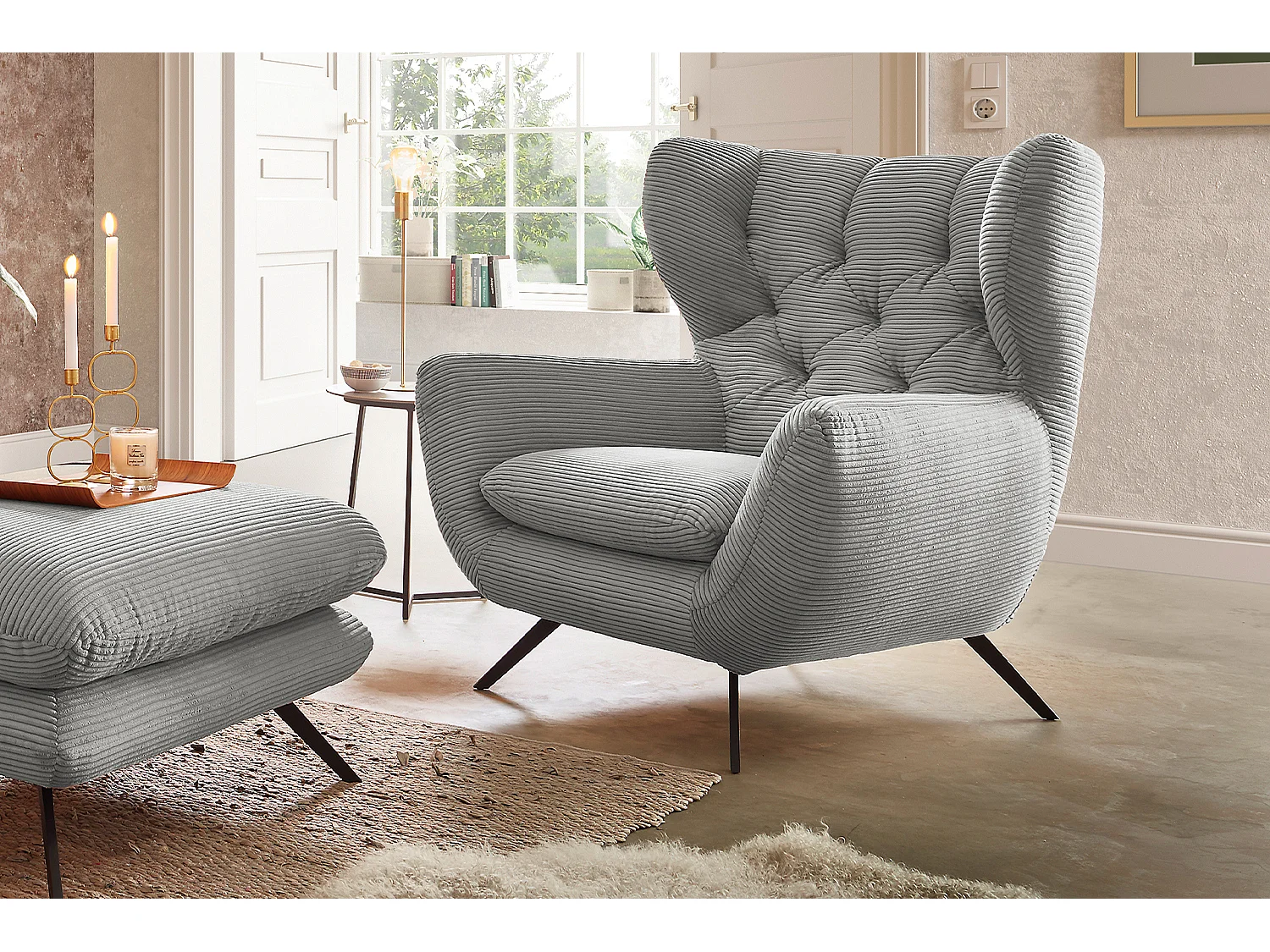 Fauteuil - gris clair Velours côtelé - CHARME