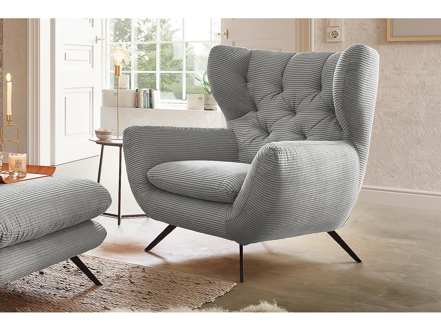 Fauteuil - gris clair Velours côtelé - CHARME