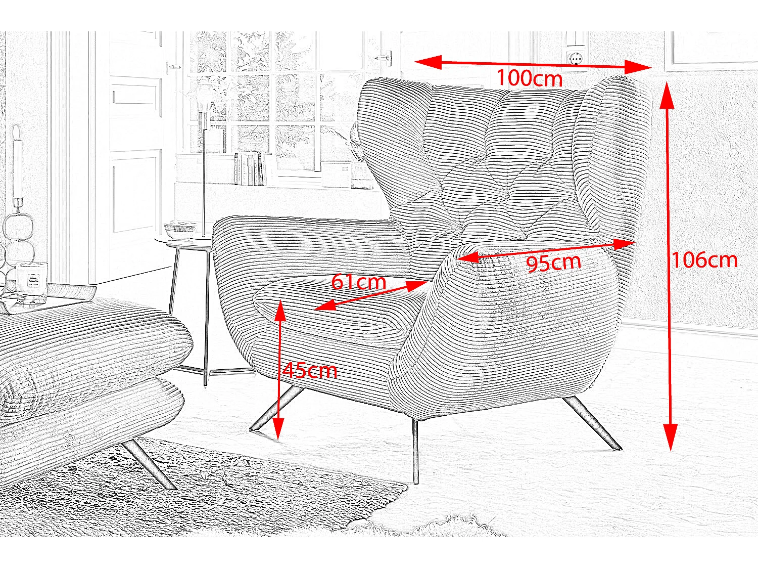 Fauteuil - gris clair Velours côtelé - CHARME