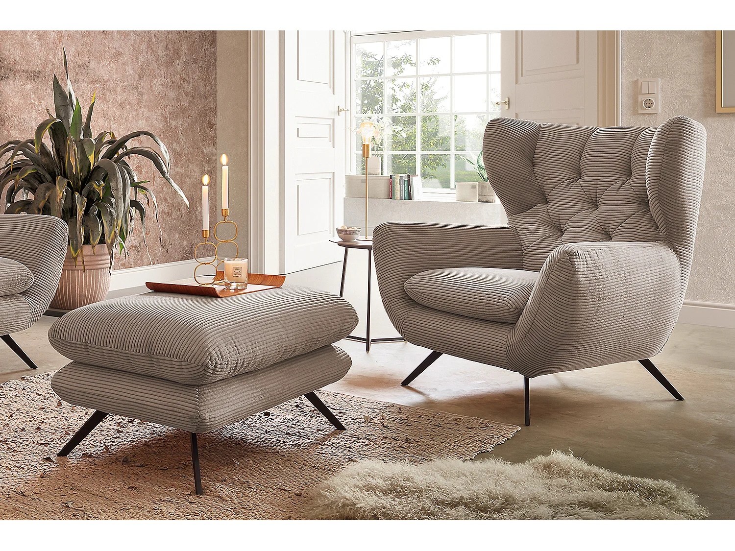 Fauteuil à oreilles - taupe Velours côtelé - CHARME
