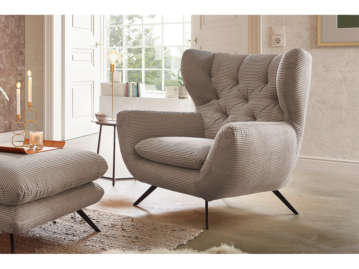 Fauteuil à oreilles - taupe Velours côtelé - CHARME