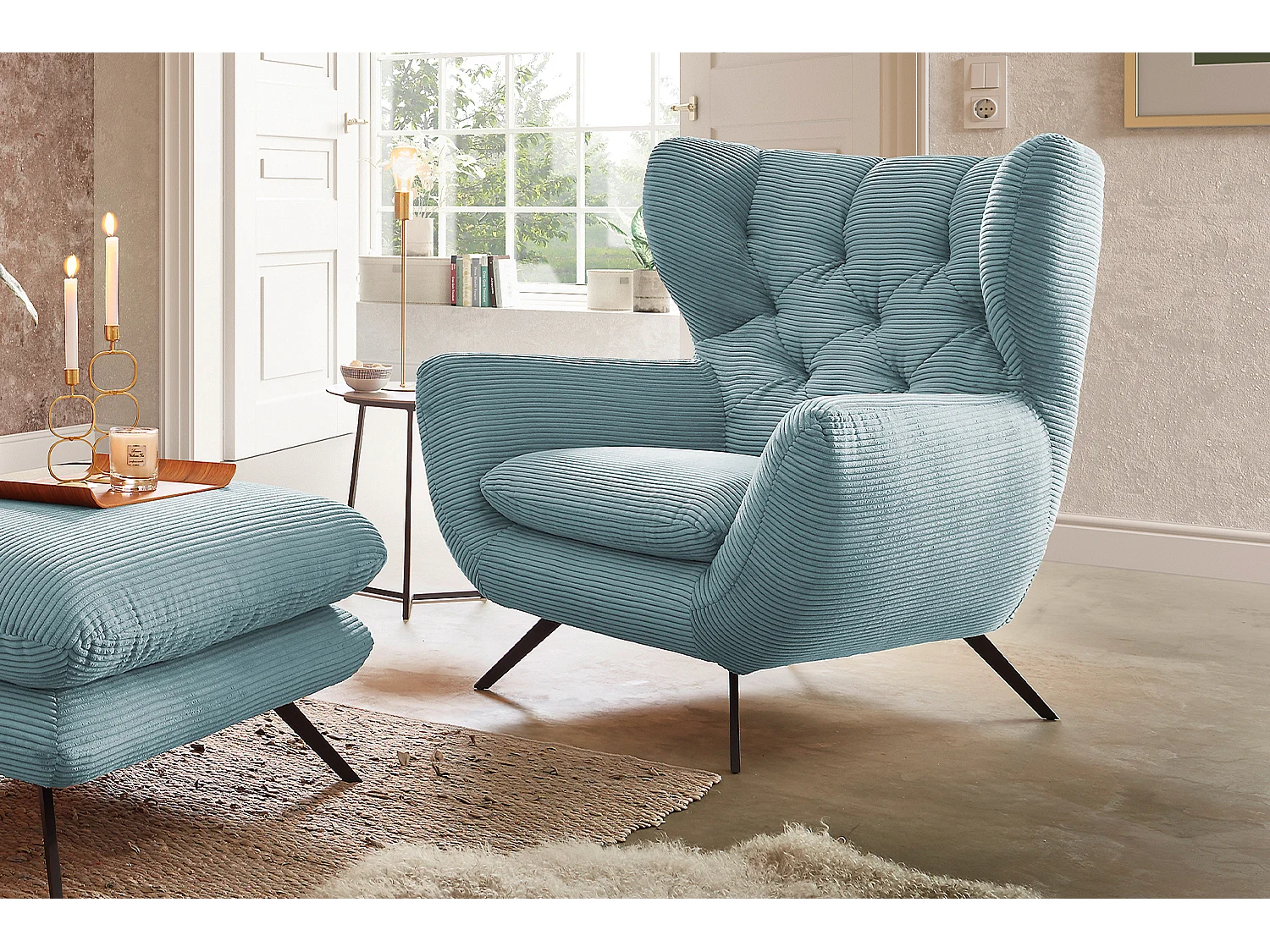 Fauteuil - bleu clair Velours côtelé - CHARME