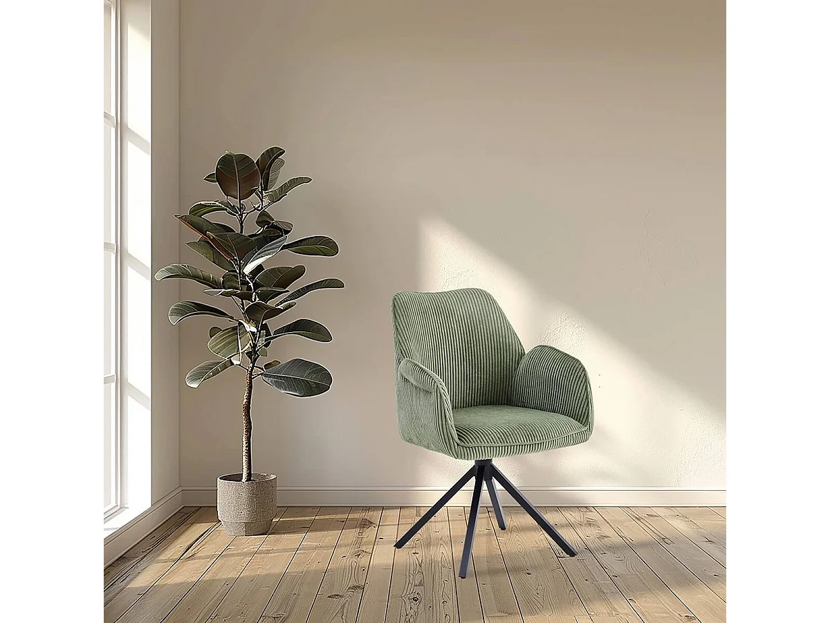 DELIA - Lot de 2 Fauteuils de table Pivotants Tissu Velours Côtelé Vert
