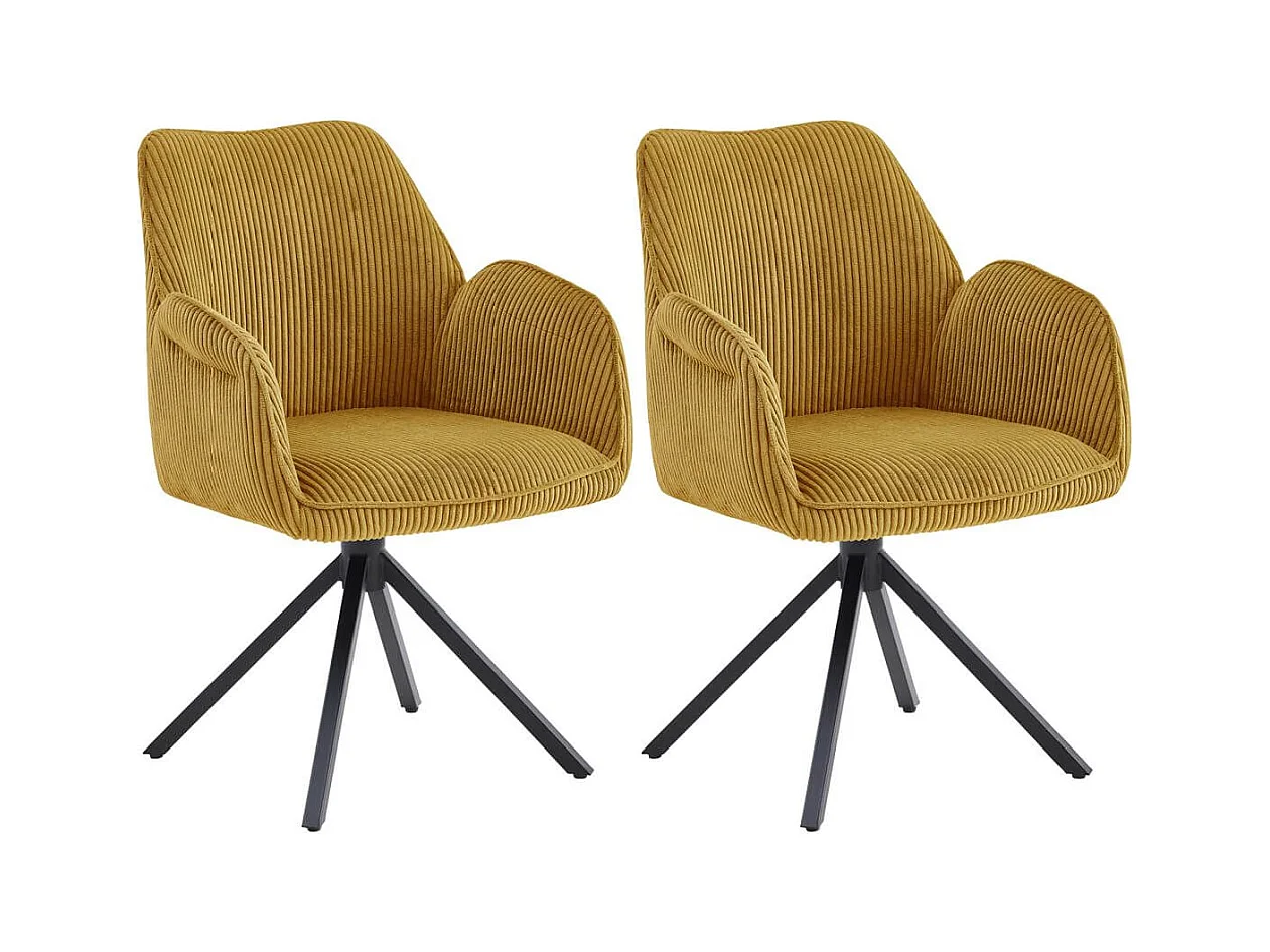 DELIA - Lot de 2 Fauteuils de table Pivotants Tissu Velours Côtelé Jaune