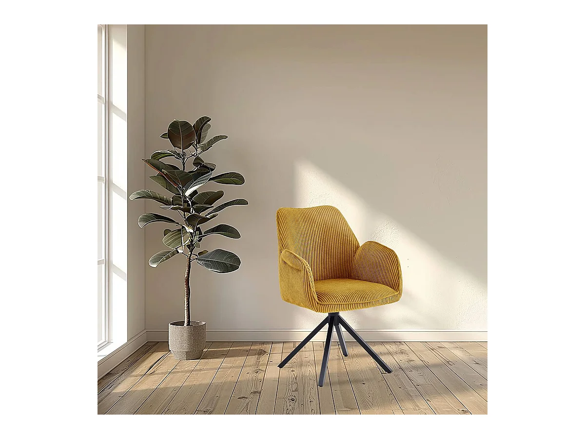 DELIA - Lot de 2 Fauteuils de table Pivotants Tissu Velours Côtelé Jaune