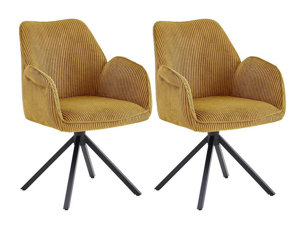DELIA - Lot de 2 Fauteuils de table Pivotants Tissu Velours Côtelé Jaune