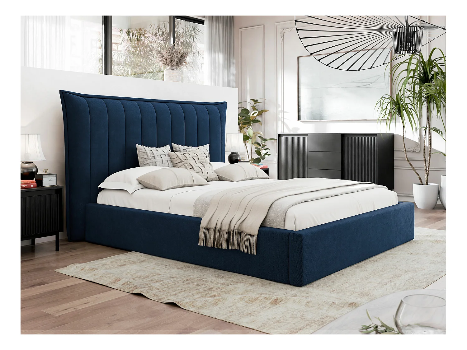 Lit Comfivo 382, Double, Bleu, 180x200, Tapisserie, Sommier à lattes, 230x224x122cm