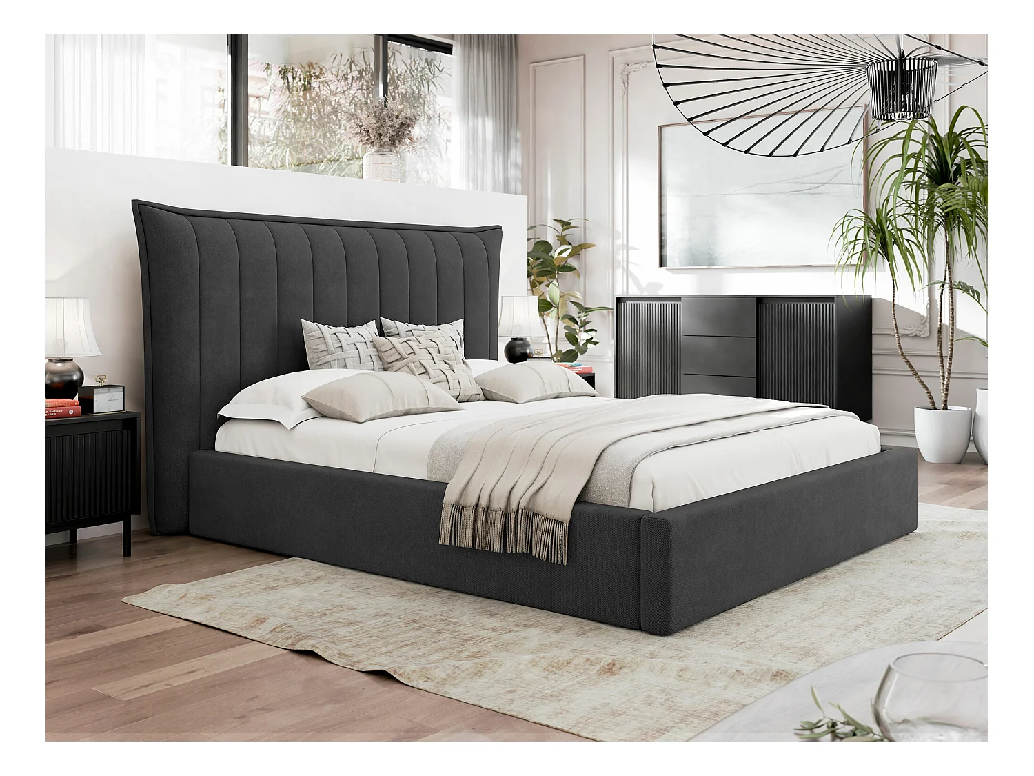 Lit Comfivo 382, Double, Gris, 140x200, Tapisserie, Sommier à lattes, 190x224x122cm