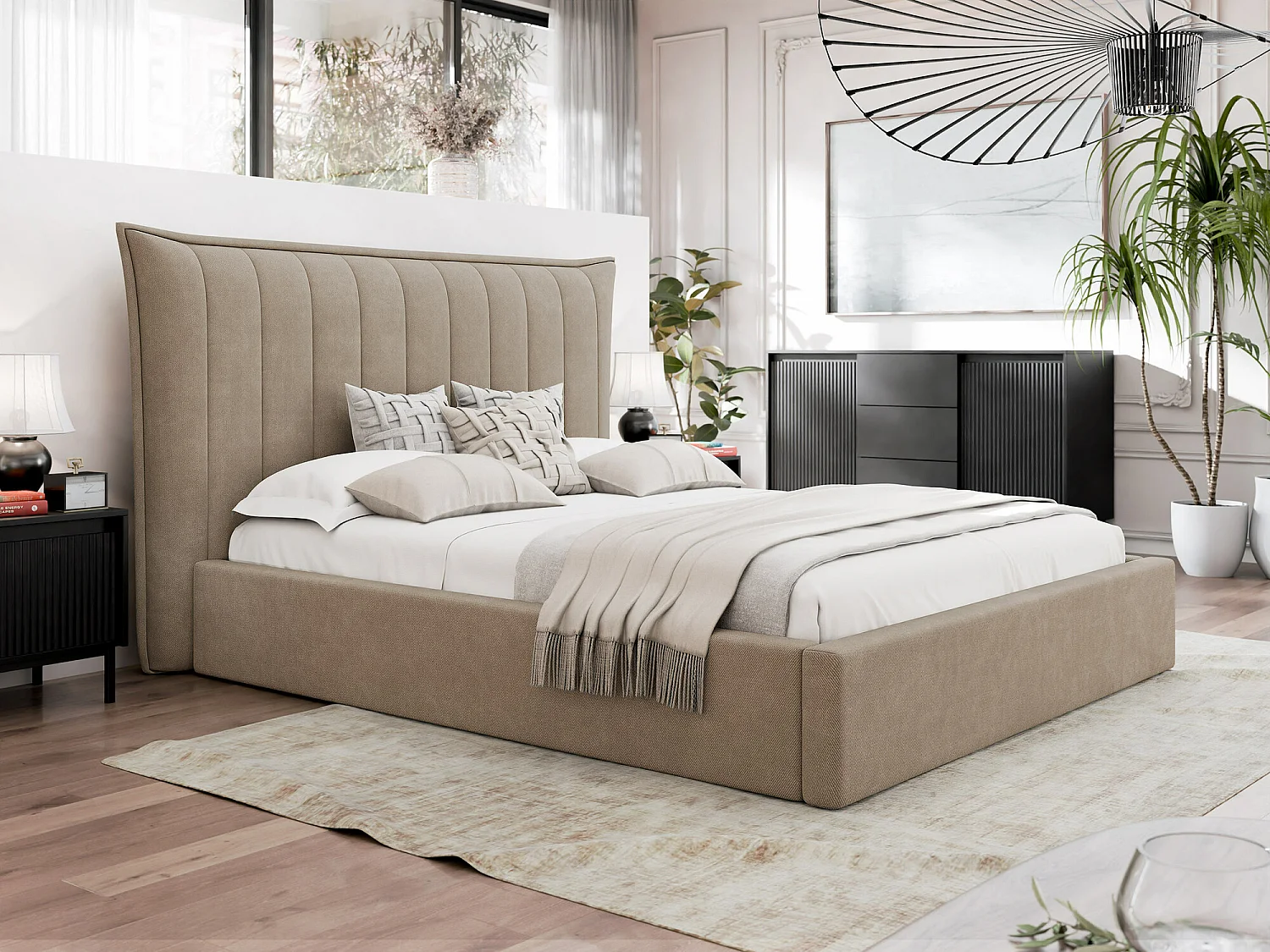 Cama Comfivo 382, Doble, De color marrón claro, 160x200, Tapiz, Somieres, 210x224x122cm