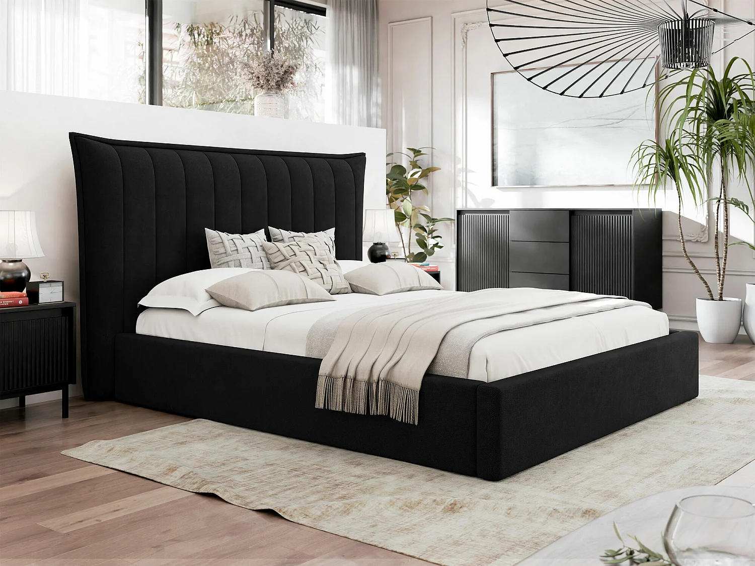 Lit Comfivo 382, Double, Noir, 180x200, Tissu, Disponible, 230x224x122cm