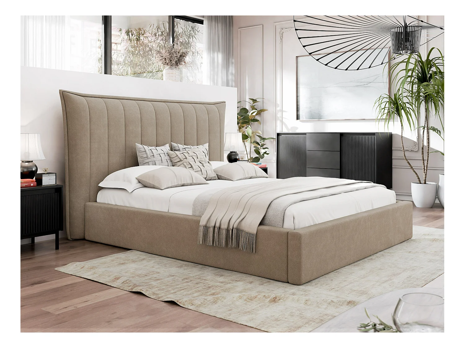 Lit Comfivo 382, Double, Brun clair, 140x200, Tapisserie, Sommier à lattes, 190x224x122cm