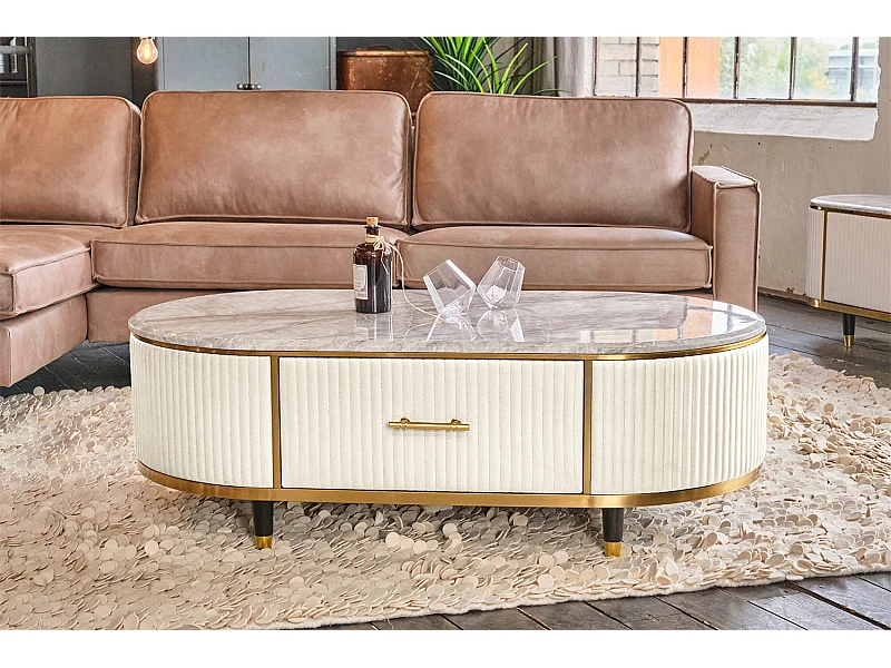 Couchtisch - Weiß Kunstleder - 70 x 130 cm - MARIA