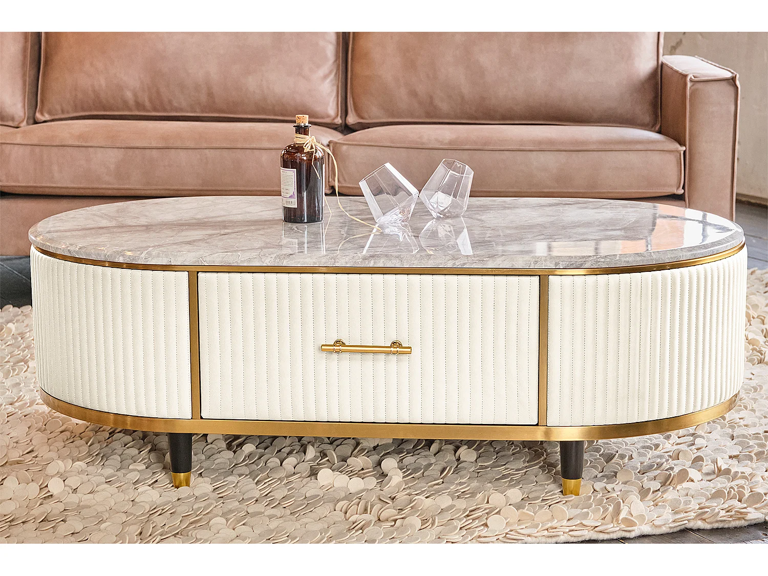 Tavolino - bianco finta pelle - 70 x 130 cm - MARIA