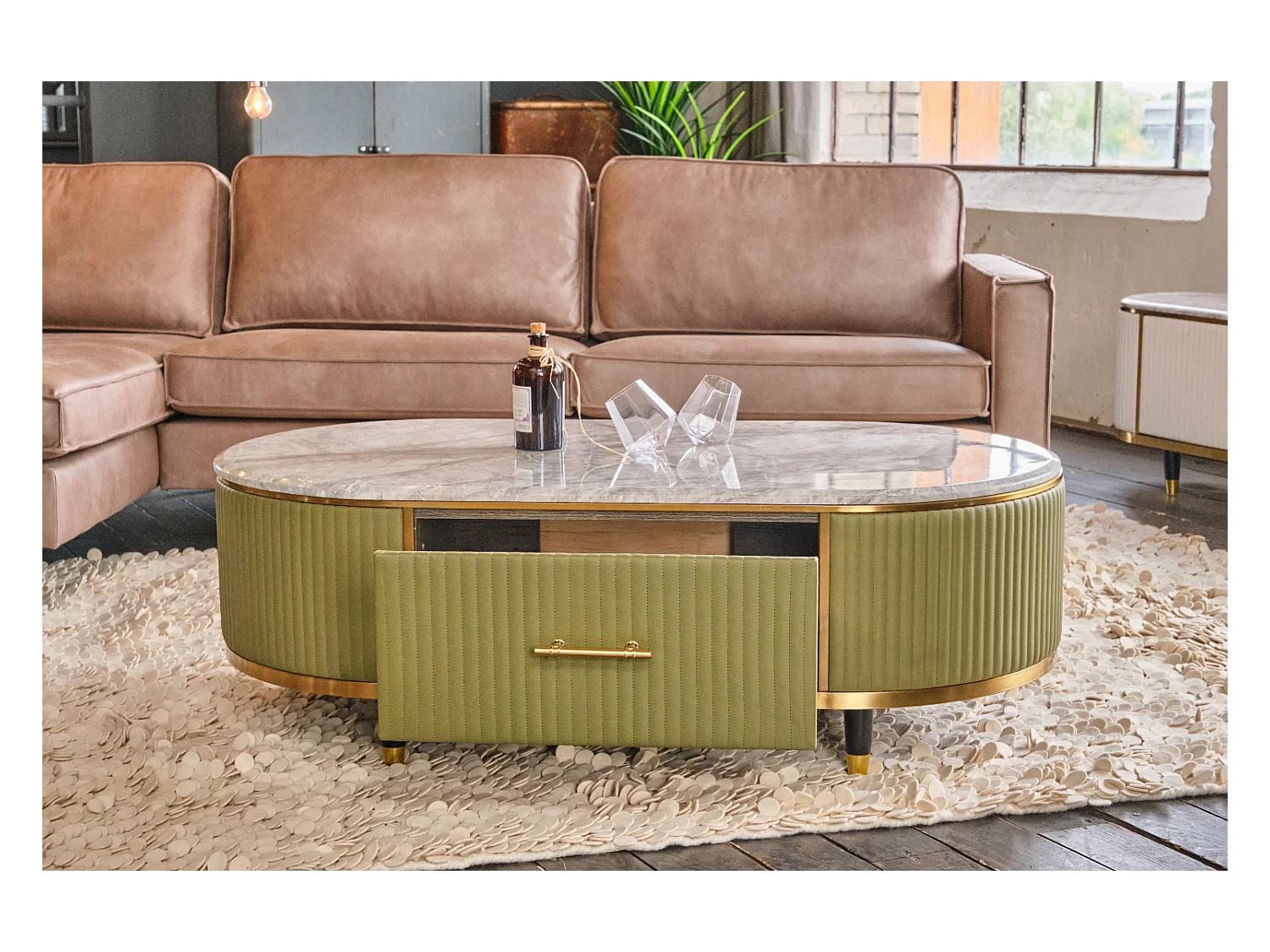 Couchtisch - Grün Kunstleder - 70 x 130 cm - MARIA