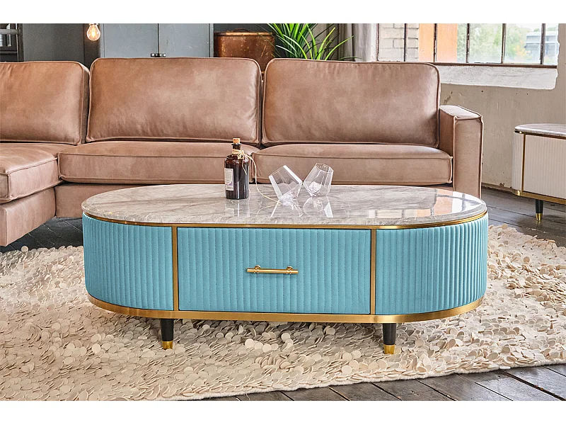 Couchtisch - Hellblau Kunstleder - 70 x 130 cm - MARIA